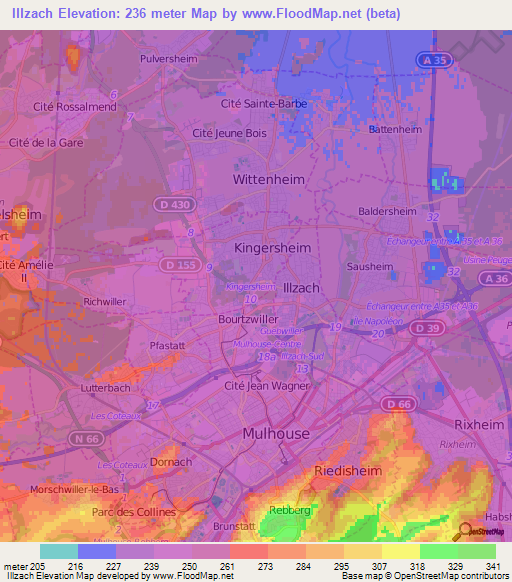 Illzach,France Elevation Map