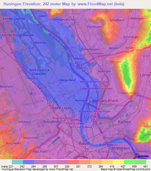 Huningue,France Elevation Map