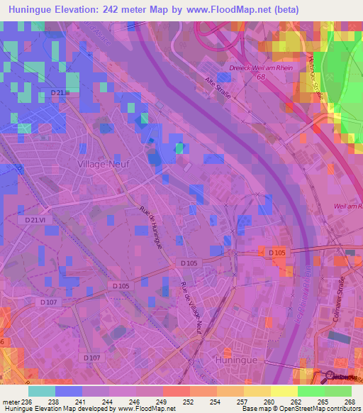 Huningue,France Elevation Map