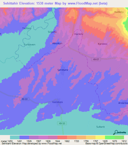 Sehittahir,Turkey Elevation Map