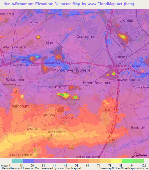 Henin-Beaumont,France Elevation Map