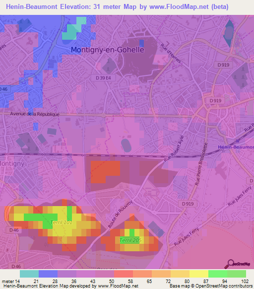 Henin-Beaumont,France Elevation Map