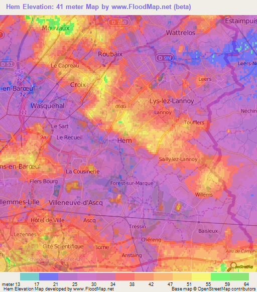 Hem,France Elevation Map