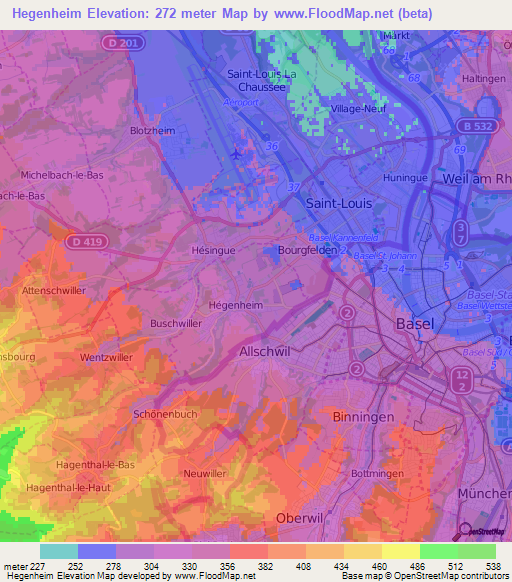 Hegenheim,France Elevation Map