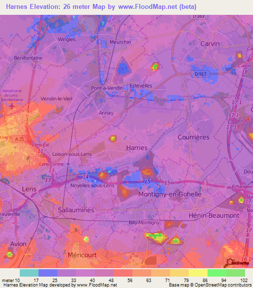 Harnes,France Elevation Map