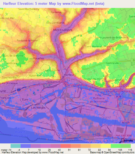 Harfleur,France Elevation Map