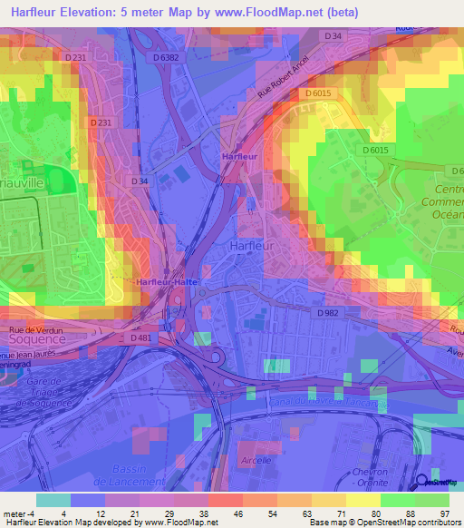 Harfleur,France Elevation Map