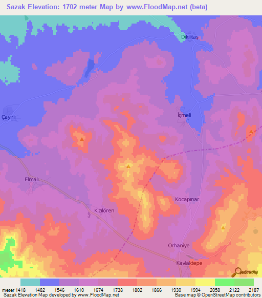 Sazak,Turkey Elevation Map