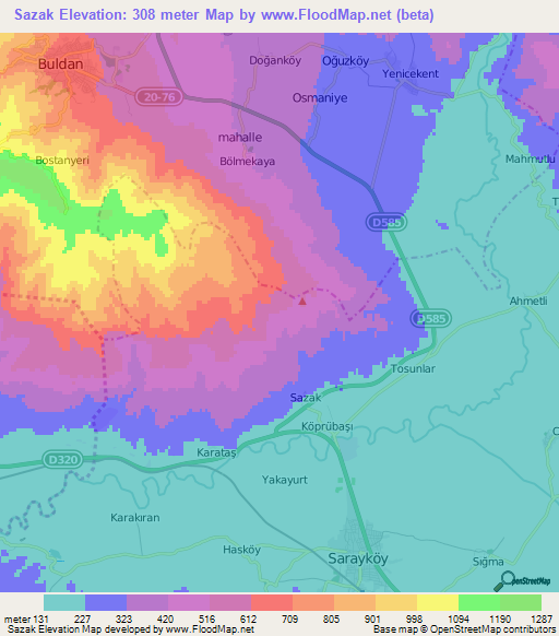 Sazak,Turkey Elevation Map