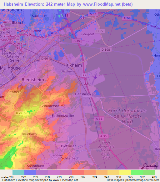 Habsheim,France Elevation Map
