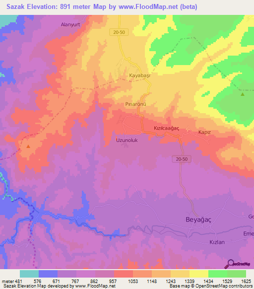 Sazak,Turkey Elevation Map