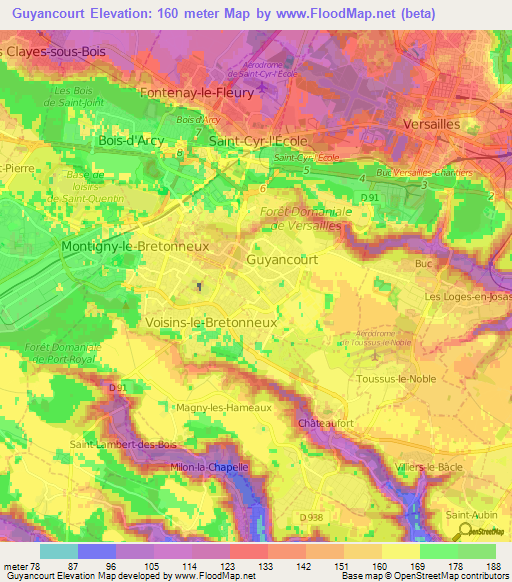 Guyancourt,France Elevation Map