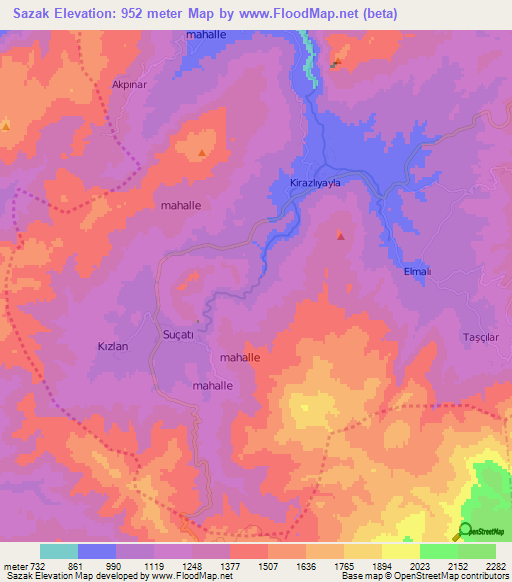 Sazak,Turkey Elevation Map