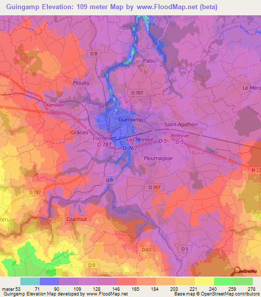 Guingamp,France Elevation Map