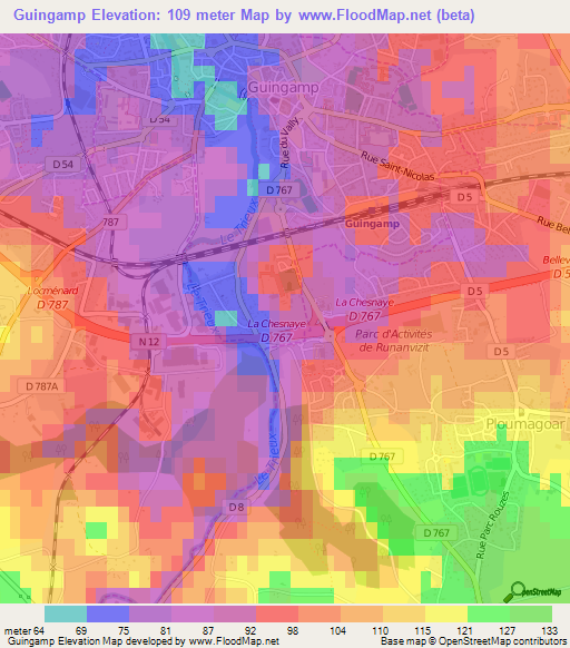 Guingamp,France Elevation Map