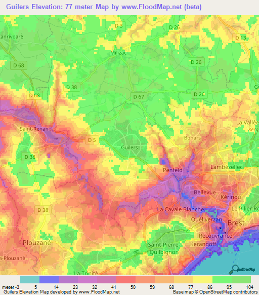 Guilers,France Elevation Map