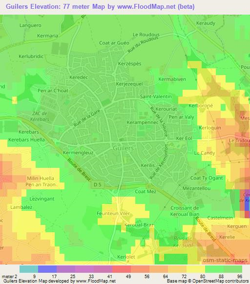 Guilers,France Elevation Map