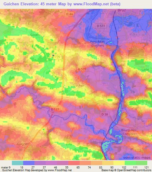 Guichen,France Elevation Map