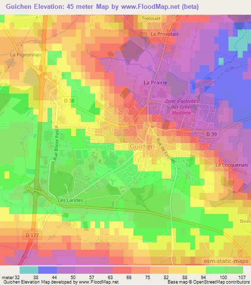 Guichen,France Elevation Map
