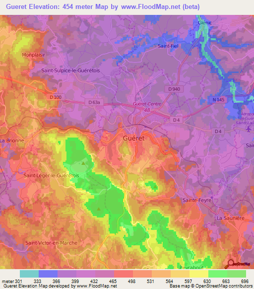 Gueret,France Elevation Map