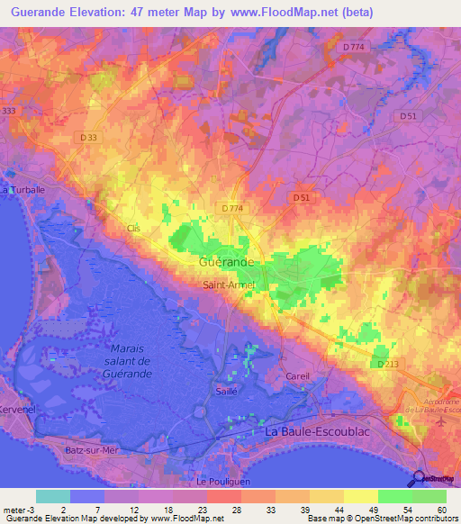 Guerande,France Elevation Map