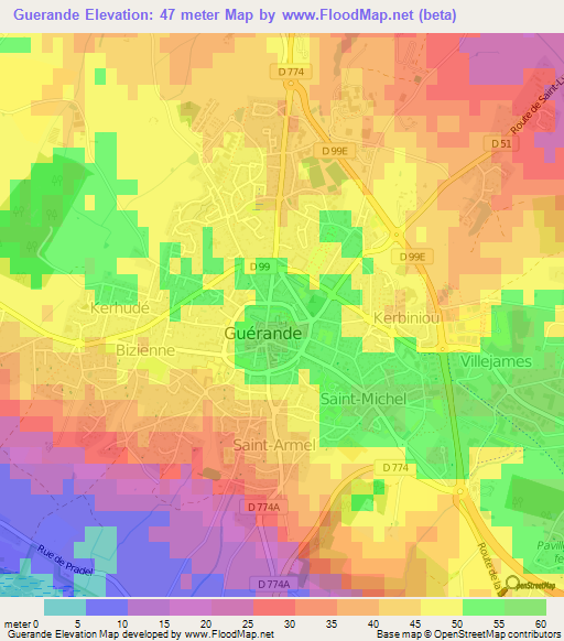 Guerande,France Elevation Map