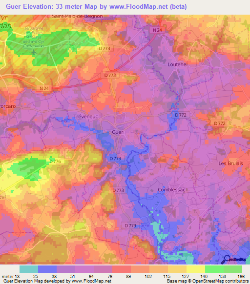 Guer,France Elevation Map