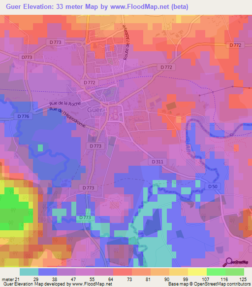 Guer,France Elevation Map