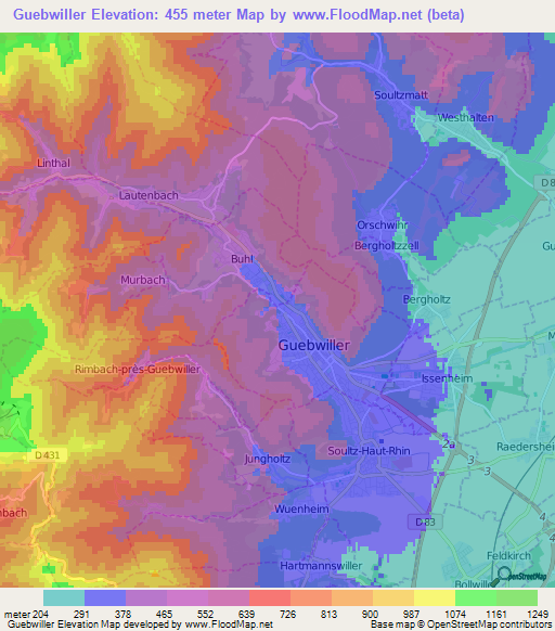 Guebwiller,France Elevation Map