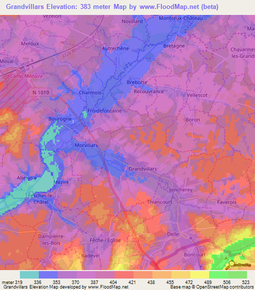 Grandvillars,France Elevation Map