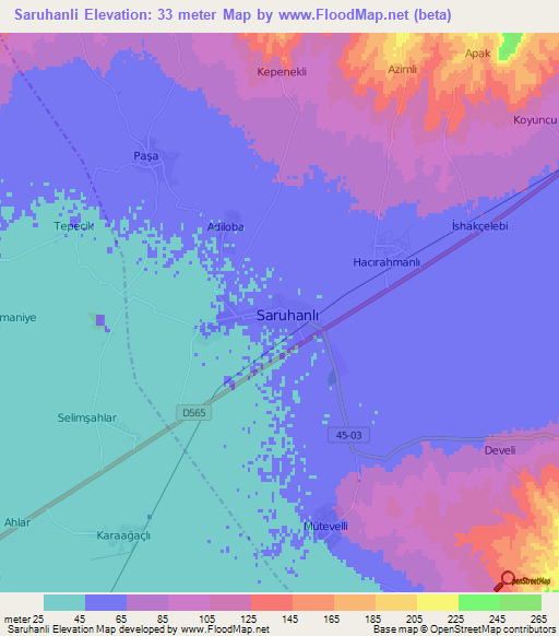 Saruhanli,Turkey Elevation Map