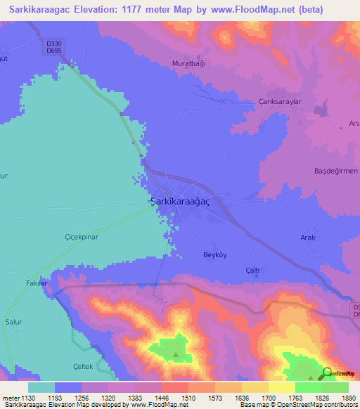 Sarkikaraagac,Turkey Elevation Map