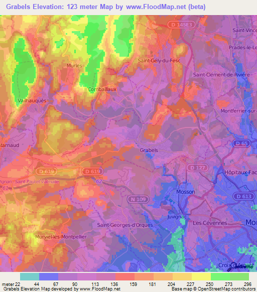 Grabels,France Elevation Map