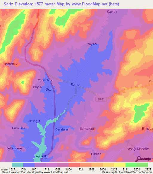 Sariz,Turkey Elevation Map