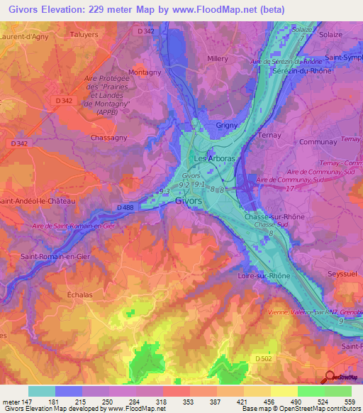 Givors,France Elevation Map