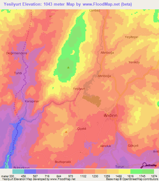 Yesilyurt,Turkey Elevation Map