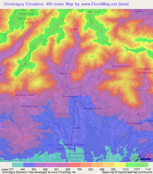 Giromagny,France Elevation Map