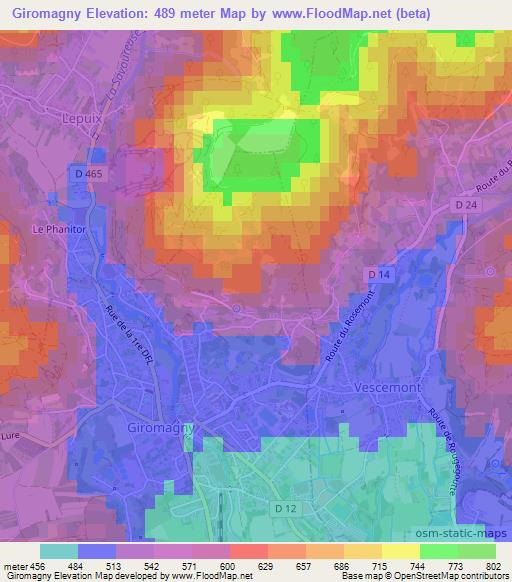 Giromagny,France Elevation Map