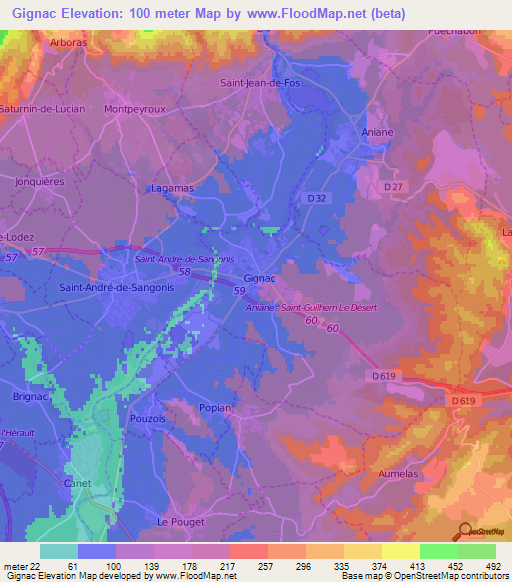 Gignac,France Elevation Map