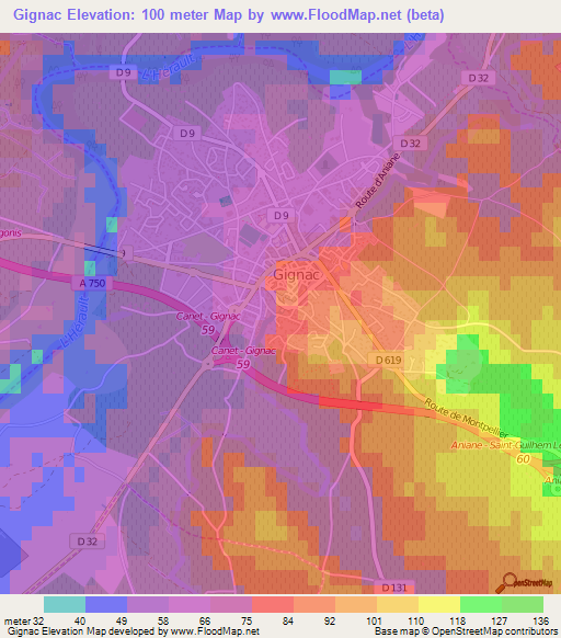 Gignac,France Elevation Map