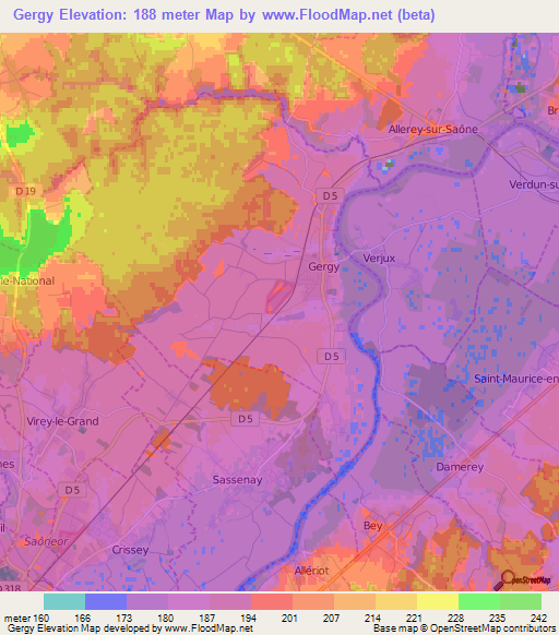 Gergy,France Elevation Map