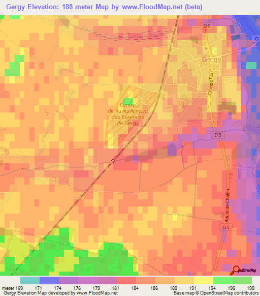 Gergy,France Elevation Map