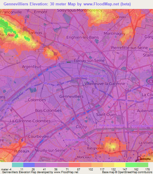 Gennevilliers,France Elevation Map