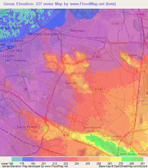 Genas,France Elevation Map