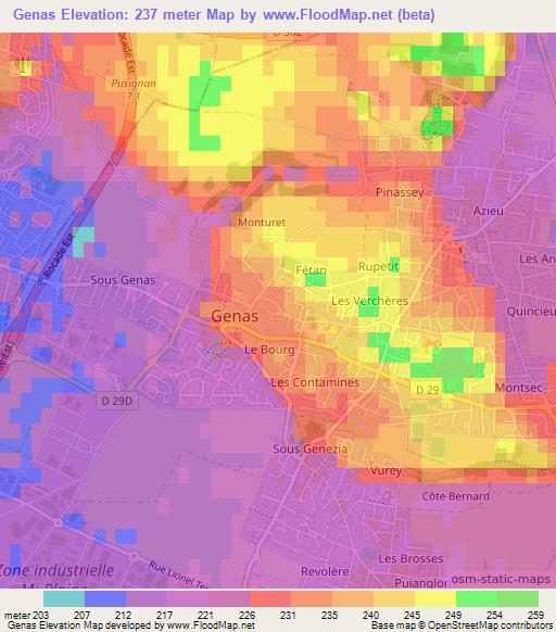 Genas,France Elevation Map