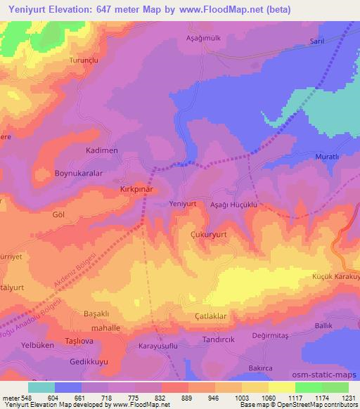 Yeniyurt,Turkey Elevation Map