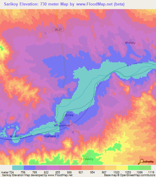 Sarikoy,Turkey Elevation Map