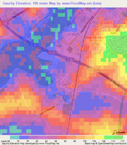 Gauchy,France Elevation Map