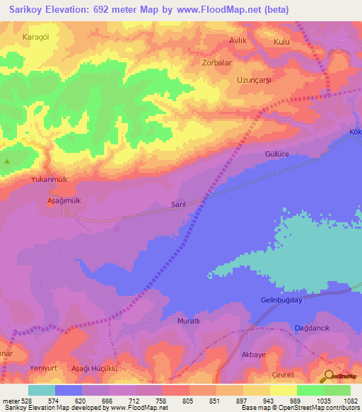 Sarikoy,Turkey Elevation Map