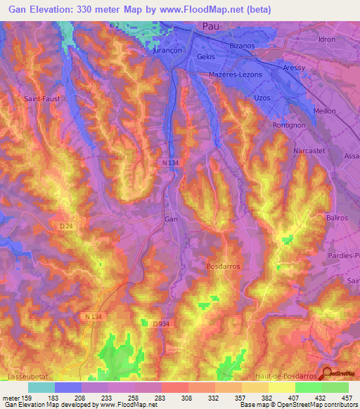 Gan,France Elevation Map